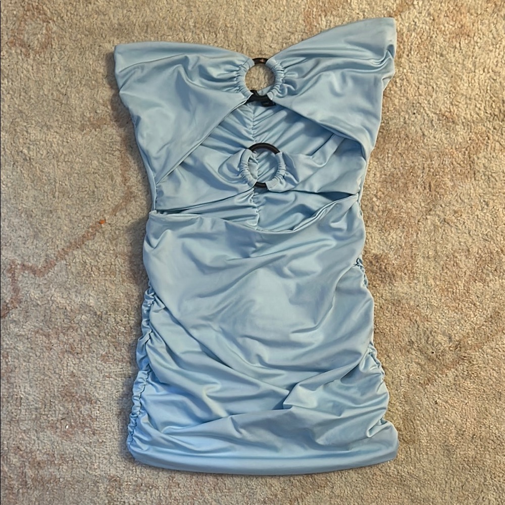 Light Blue Strapless Ruched Mini Dress